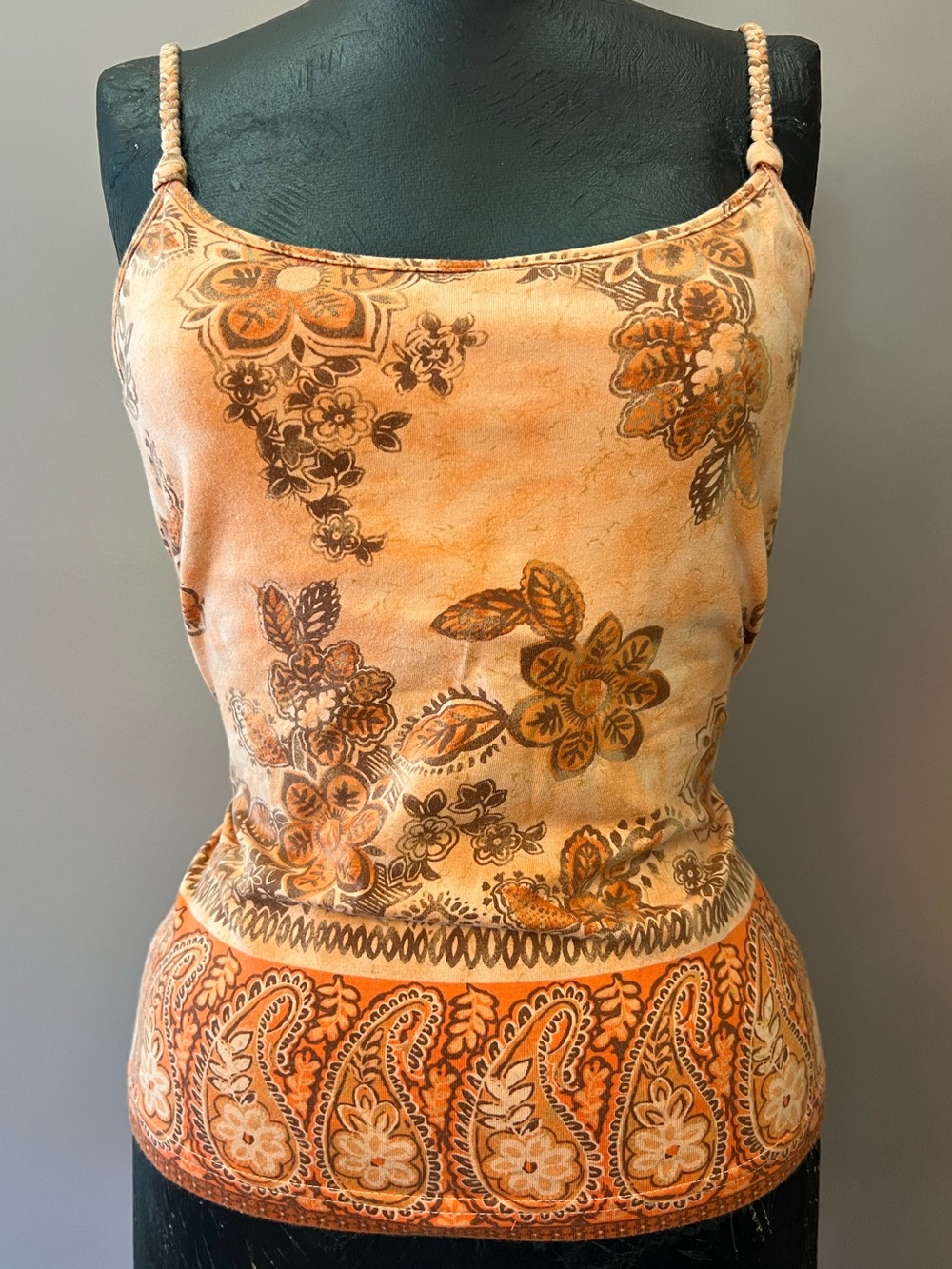 Y2K Faded Glory Orange Paisley Tropical Floral Braided Straps Tank Top Size L